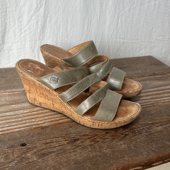 Born Shoes - Born Metallic Olive Multi-Strap Cork Wedges